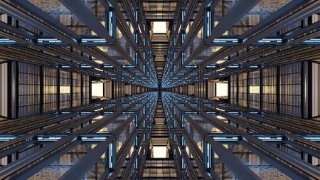 A 3D rendering of futuristic kaleidoscopic patterns background