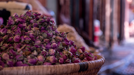 A heap of dried Moroccan roses at the food market in Marrakesh, Moroccoの写真素材