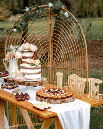A vertical shot of a wedding cake with flowers and various desserts on a tableの写真素材