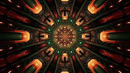 A 3D rendering of futuristic kaleidoscopic patterns background