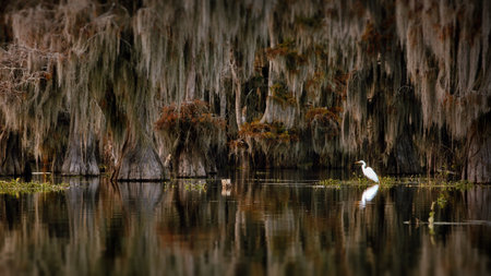 An egret in the beautiful cypress swamps in the USA during autumnの写真素材