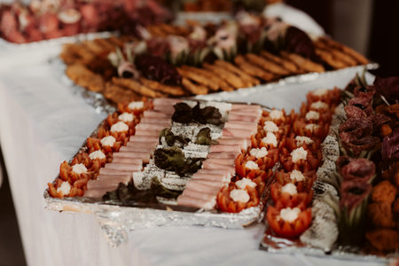 The snacks and appetizer on the wedding tableの写真素材