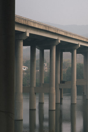 A vertical shot of a bridge with concrete columnsの写真素材