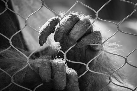 A grayscale shot of monkey's hands catching the fenceの写真素材