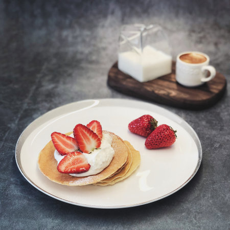 A closeup of tasty Pancake with strawberries and coffeeの写真素材