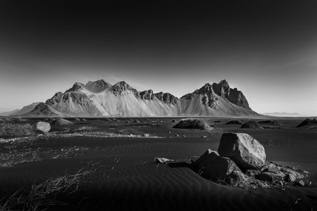 A grayscale shot of the Vestrahorn Mountains in Stokksnes, Icelandの写真素材