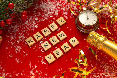 A red Christmas theme background with lettered wooden tiles forming the words Happy New Yearの写真素材