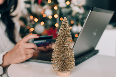 Hand holding credit card, paying online on laptop, buying christmas presents.の写真素材