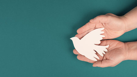 Holding a white dove in the hands, symbol of peace, paper cut out, copy space for textの写真素材