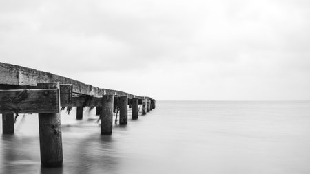 A grayscale shot of wooden bridge over the riverの写真素材
