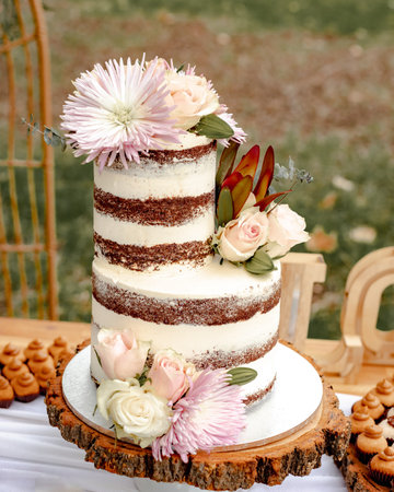 A vertical shot of a wedding cake with flowers and various desserts on a table