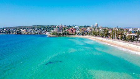 An aerial view of lots of buildings on the seacoast in Australiaの写真素材