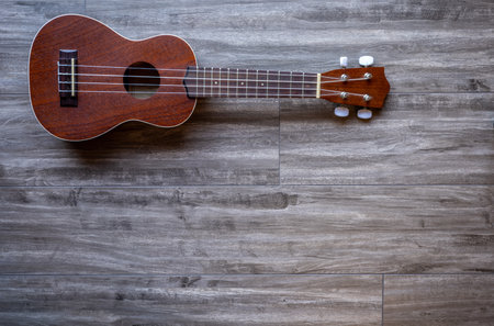 A closeup of an ukulele on a wooden surface