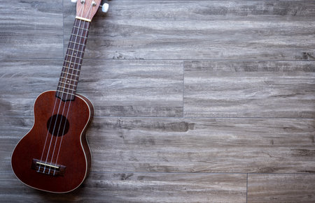 A closeup of an ukulele on a wooden surfaceの写真素材