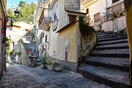 A narrow street among the old stone houses of Sarno, town in Salerno province.の写真素材