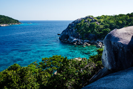 A stunning view of Similan Islands under a blue cloudless sky in Thailandの写真素材