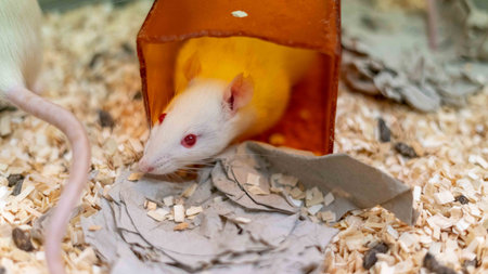 A closeup shot of the white rat with red eyes in the cage with wood shavingsの写真素材