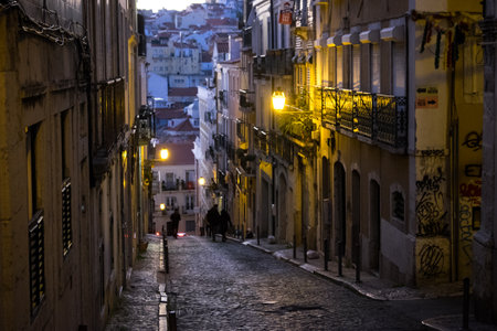 A view of a narrow alley with illuminated street lamps in the evening.の写真素材