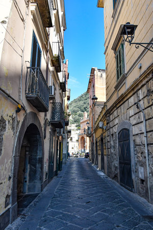A narrow street among the old stone houses of  Sarno, town in Naples province.の写真素材