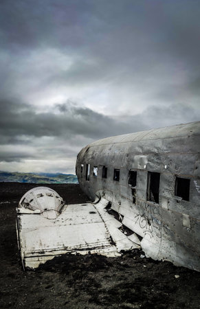 A grayscale of wrecked DC 3 plane in the South of Scotland