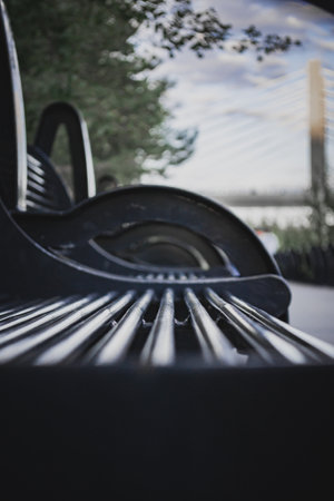 A vertical closeup of a black bench in a park against green treesの写真素材