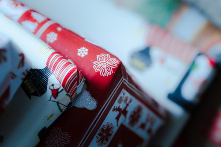 A selective shot of wrapped Christmas giftsの写真素材