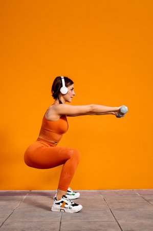 A Cheerful sporty woman with headphones doing physical exercises on an orange background