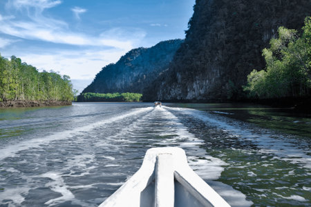 A boats float on a wide river at the foot of large wooded mountainsの写真素材