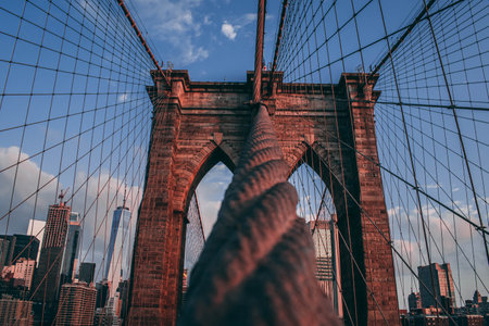 A close-up shot of a rope connected to the Brooklyn Bridge.の写真素材