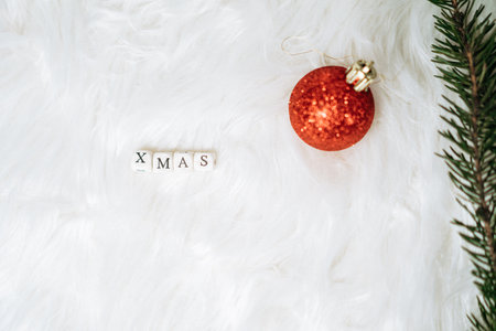 A closeup of Christmas ornaments with copy spaceの写真素材