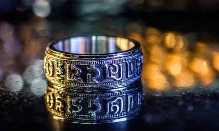 A closeup of beautiful sliver ring with carvings on it ont he dark surfaceの写真素材