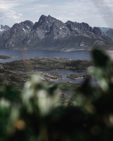 The blue sky over the hills and sea on a sunny day in summerの写真素材