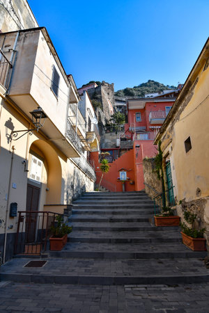 A narrow street among the old stone houses of Sarno, town in Salerno province.の写真素材