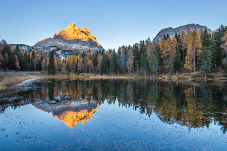 A scenic view of famous mountains Tre Cime di Lavaredo, Italyの写真素材
