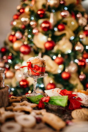 The Christmas table with decorations for family gatheringsの写真素材