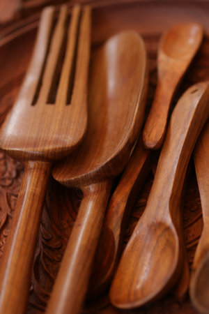 A closeup shot of wooden kitchen utensilsの写真素材
