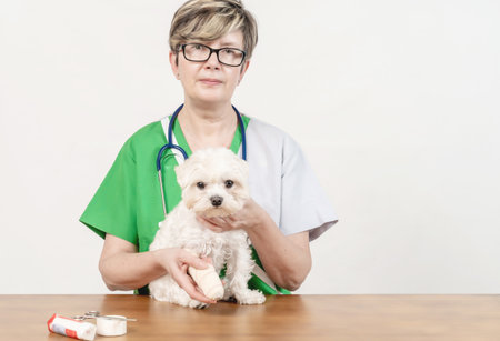 A view of a Caucasian female veterinary holding a cute white bichon Maltese on the wooden tableの写真素材