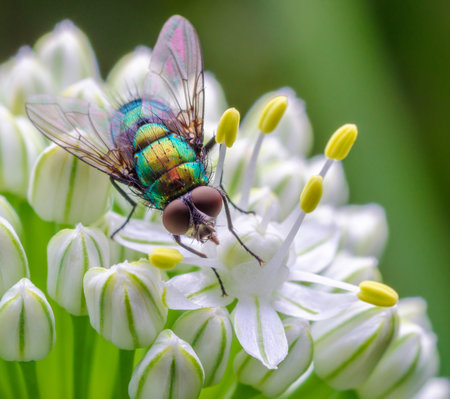 A macro shot of a fly sitting on white flowers
