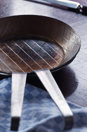 A closeup shot of two metallic frying pans in each otherの写真素材
