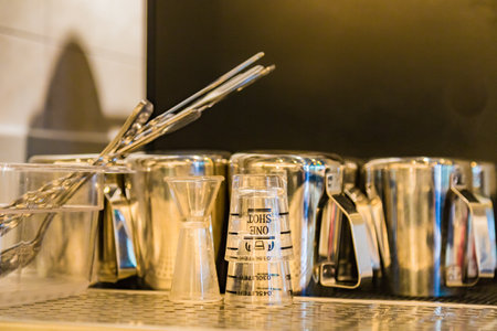 A closeup of glassware for making coffee in a coffee shopの写真素材