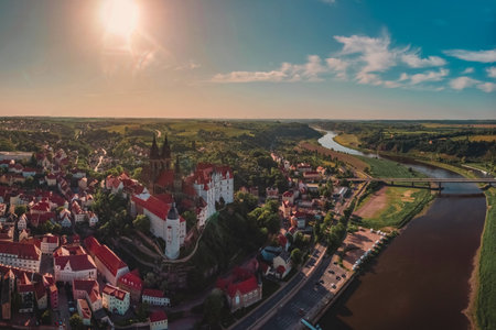 An aerial shot of a canal in a villageの写真素材