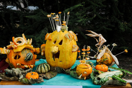 A closeup of colorful decorated pumpkins