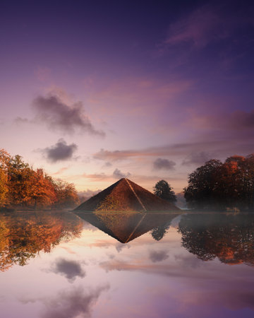A vertical shot of a pyramid reflection to the lake at autumnの写真素材
