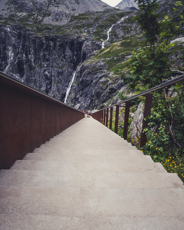 The top view from stairs Norway troll road - mountain route of Trollstigen in summer