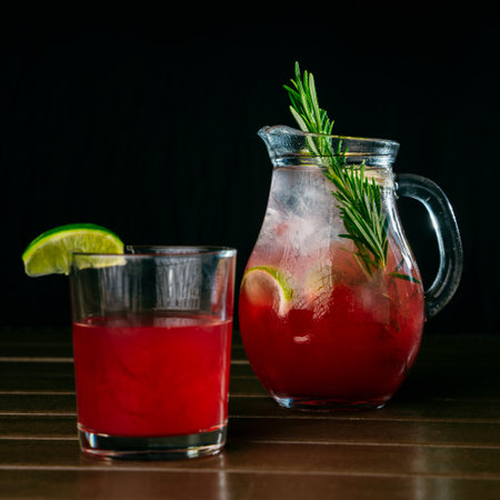 closeup photo of red  lemonade with fruitsの写真素材