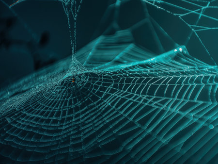 A macro shot of a spider web with droplets on it