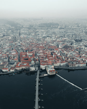 An aerial view of a canal in a city
