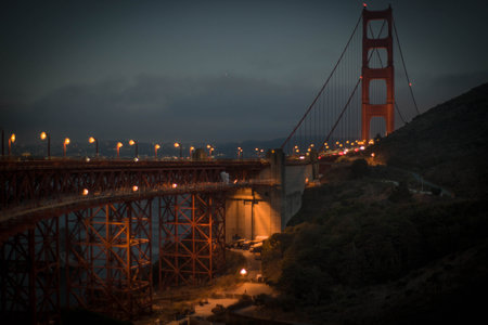A beautiful view of a bridge with lights at nightの写真素材