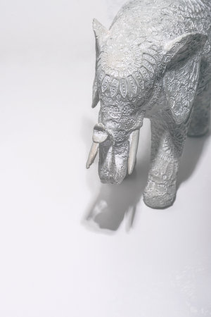Elephant on vertical white background, religious objects.