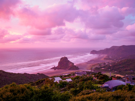 View of Piha Beach, Auckland, New Zealand with Lion Rock with reflections and evening cloudsの写真素材